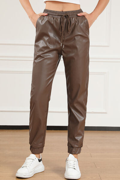 Pocketed Drawstring Leather Long Pants